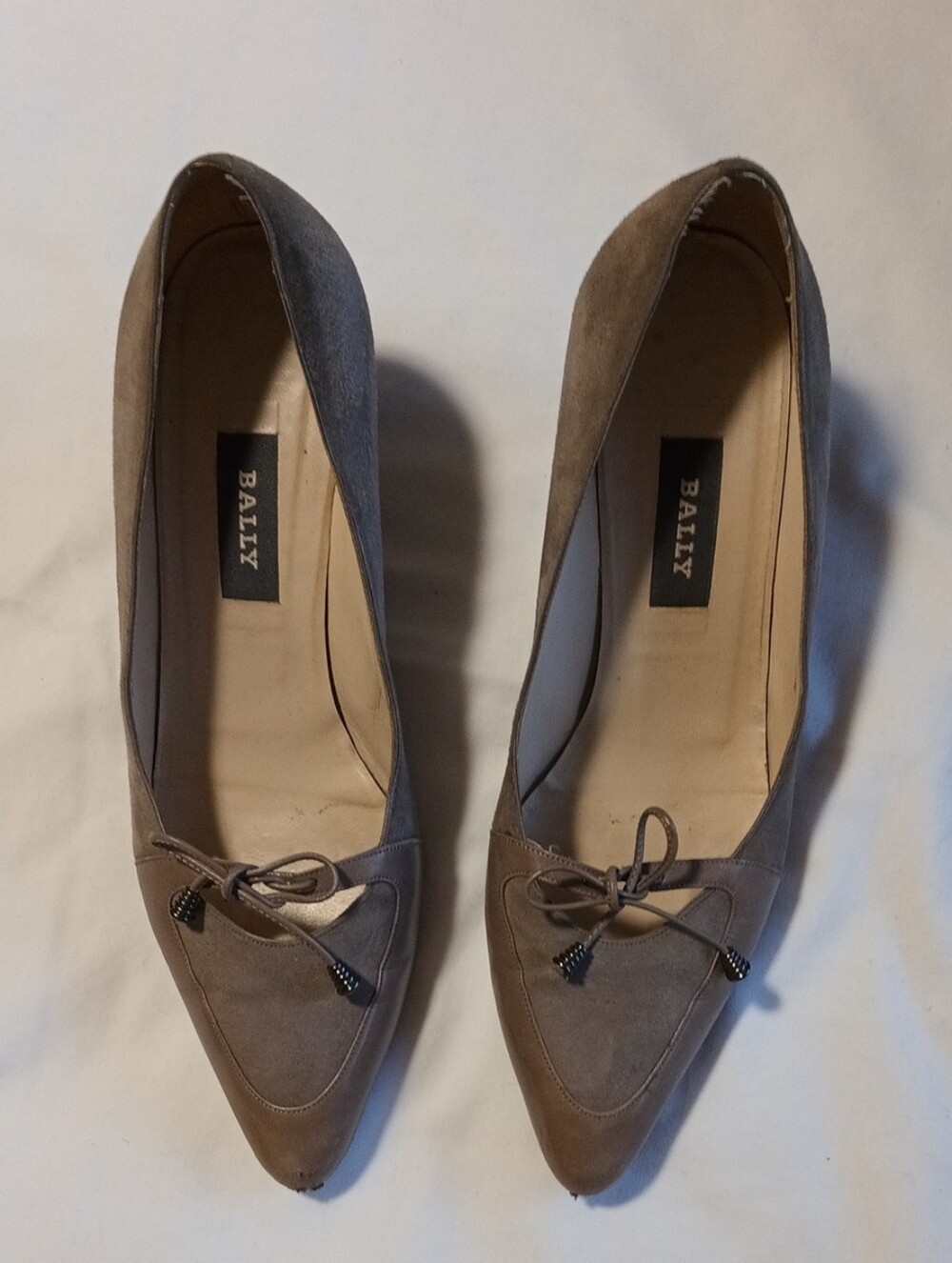Bally Taupe Suede Pointed-Toe Pumps with Bow Trim